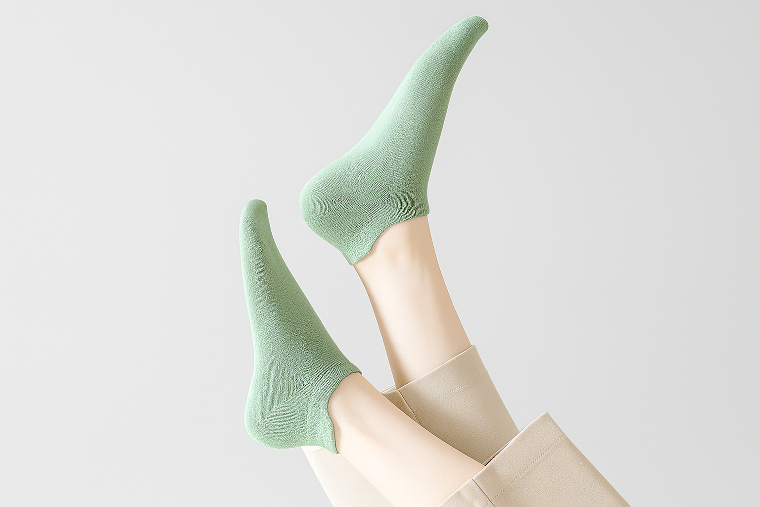 Close-up of a woman wearing light green cotton ankle socks embroidered with the black XELONI logo.